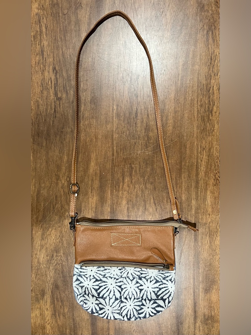 Myra Bag Lillies Brown Leather and White Floral Canvas Crossbody